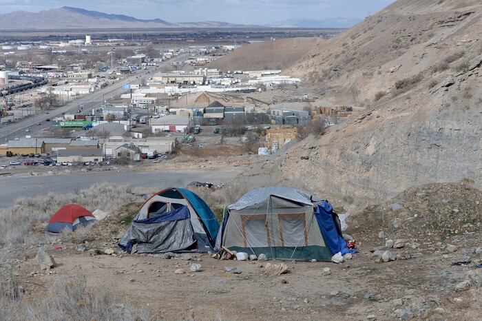 (Al Hartmann  |  The Salt Lake Tribune) 	
One of several homeless camps perched on the mountainside above Victory Road north of the state Capitol building.  This camp is clean and organized while others are strewn with garbage, which is a common problem in the area.