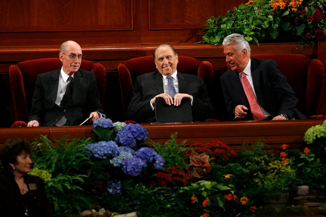 (Francisco Kjolseth  |  The Salt Lake Tribune) President Thomas S. Monson (center) with Henry B. Eyring (left) and Dieter F. Uchtdorf (right), share a few words prior to the start of the second session of the LDS General Conference on October 2, 2010.