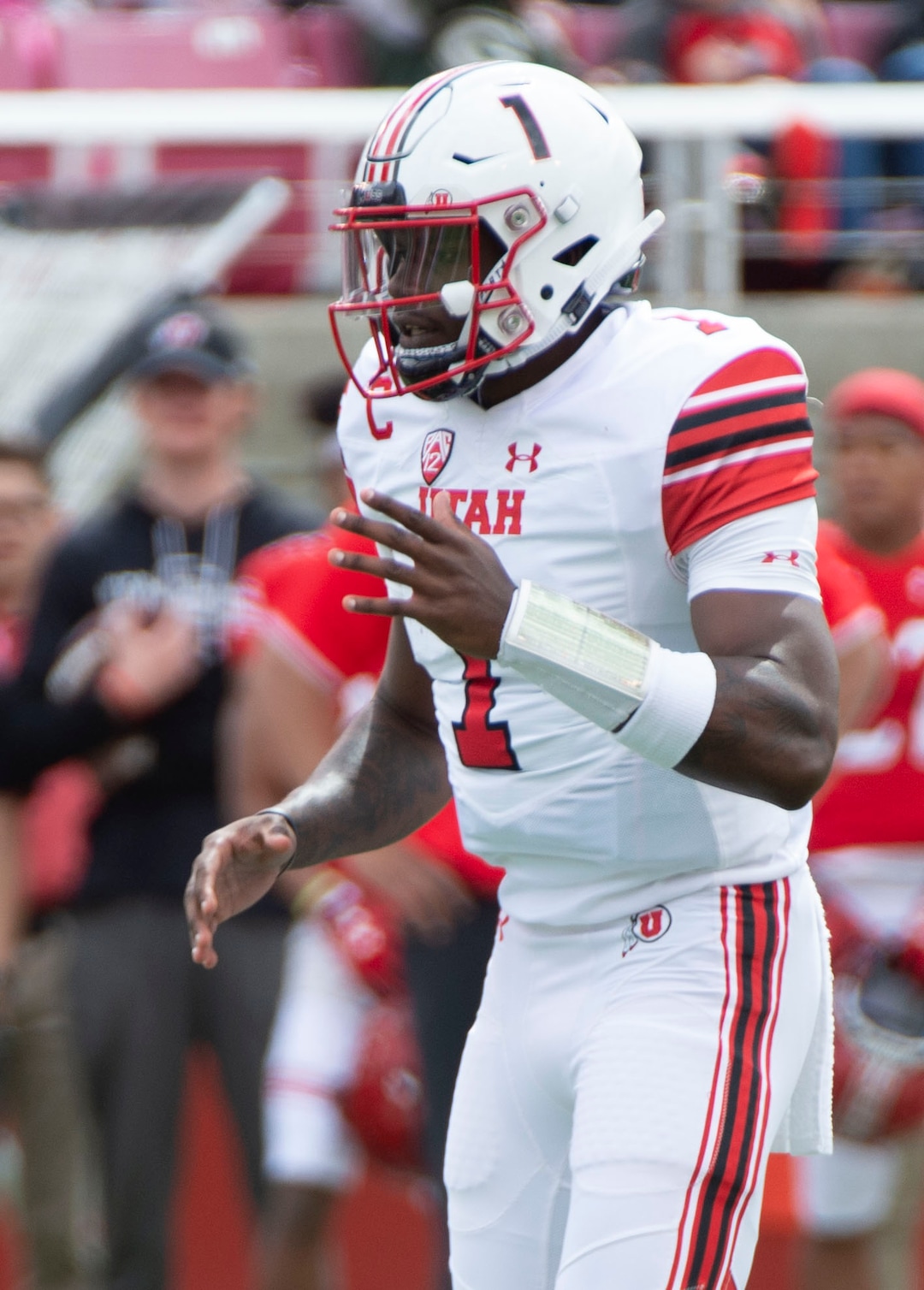 (Rick Egan  |  The Salt Lake Tribune)  Quarterback Tyler Huntley waits for the snap, in Utah's spring Red-White game at Rice-Eccles Stadium, Saturday, April 13, 2019.