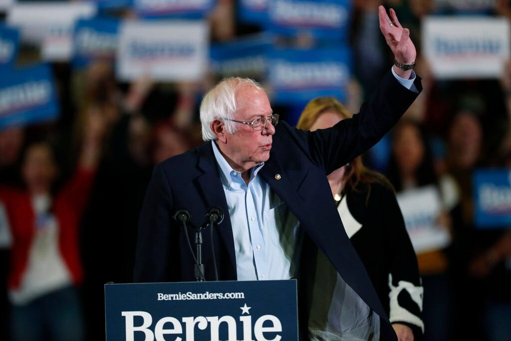 (David Zalubowski | AP) Democratic presidential candidate Sen. Bernie Sanders, I-Vt., makes a point during a campaign stop late Sunday, Feb. 16, 2020, in Denver.