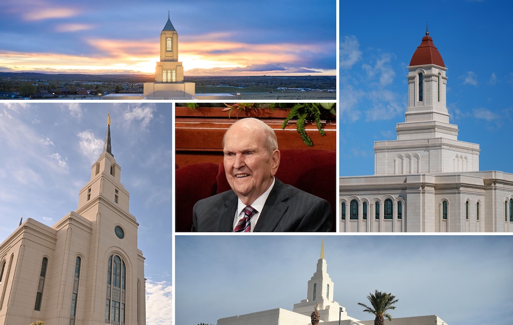 (The Salt Lake Tribune; The Church of Jesus Christ of Latter-day Saints) Church President Russell M. Nelson, center, surrounded by newly constructed temples in Utah, Wyoming and Argentina.