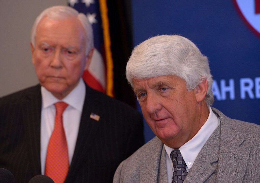 Leah Hogsten  |  The Salt Lake TribuneSenators Orrin Hatch and Representative Rob Bishop  appear on behalf of GOP congressional candidate Mia Love at the Utah Republican Party headquarters, October 22, 2014. 
