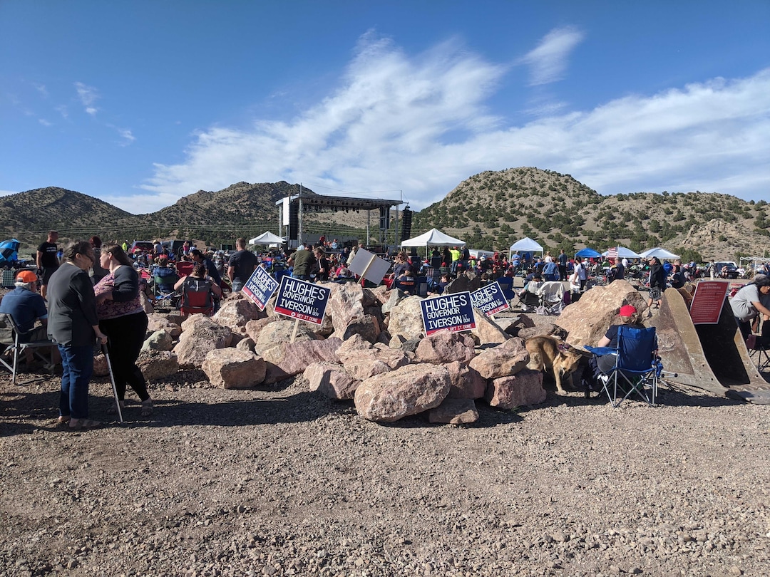 (Connor Sanders | The Salt Lake Tribune ) Concertgoers gathered at the Iron Springs Resort  Saturday afternoon to await a twice-canceled concert by country singer Collin Raye, organized by Utah Business Revival leader Eric Moutsos to protest COVID-19 restrictions.