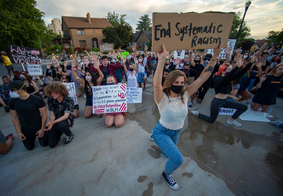 (Rick Egan  |  The Salt Lake Tribune) Protesters kneel down in silence for 9 minutes in remembrance of George Floyd as they gather at the State Capitol for a demonstration, Wednesday, June 3, 2020.