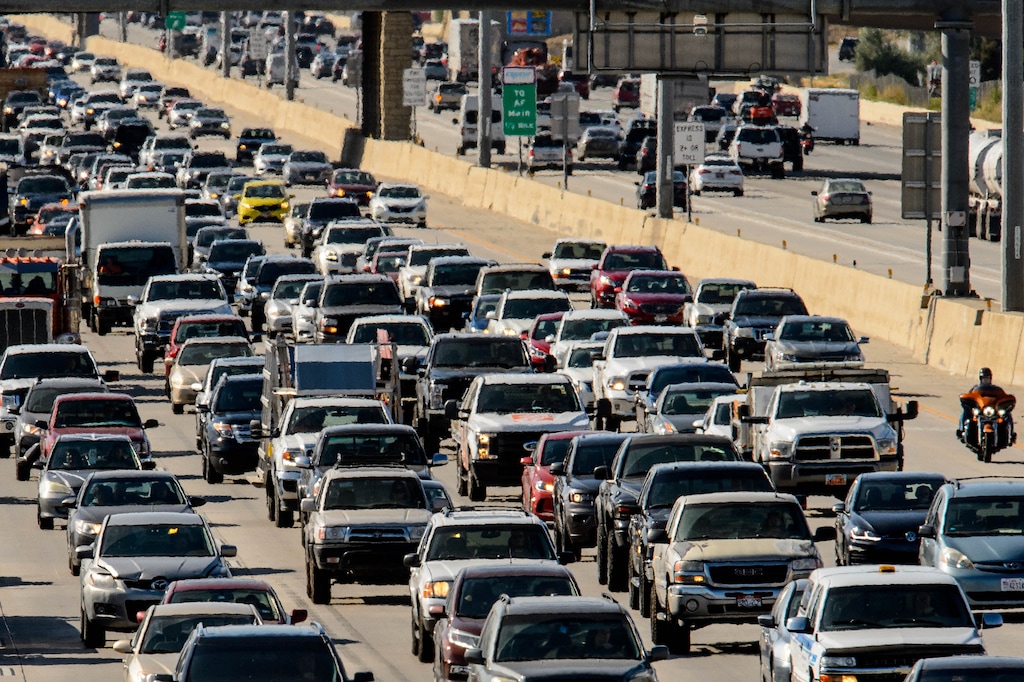 (Trent Nelson  |  The Salt Lake Tribune)  Southbound traffic on I-15 approaching Pleasant Grove on Wednesday Aug. 28, 2019.