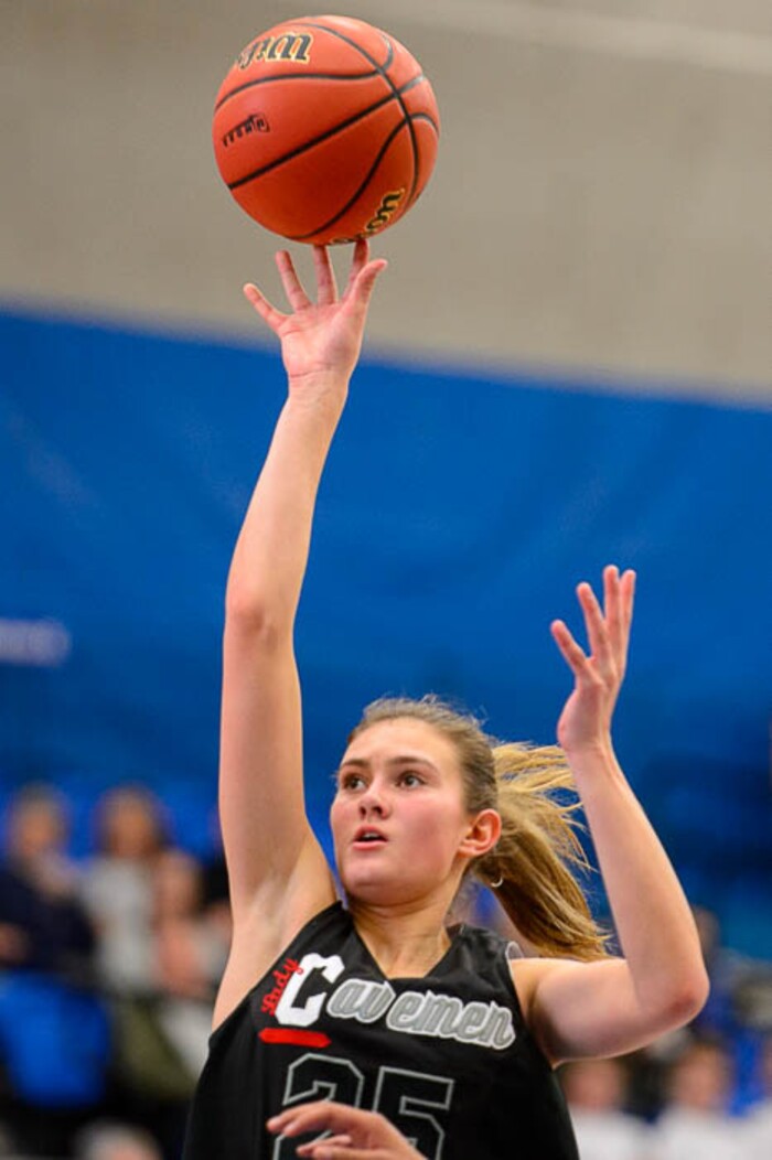 (Trent Nelson | The Salt Lake Tribune)  American Fork's Halle Nelson (25) as Riverton faces American Fork in the 6A High School Girls' Basketball Tournament at SLCC in Taylorsville, Tuesday Feb. 20, 2018.