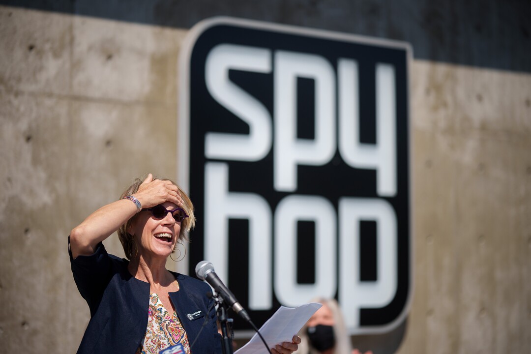 (Trent Nelson  |  The Salt Lake Tribune) Kasandra VerBrugghen, Spy Hop Executive Director, during a dedication ceremony of Spy Hop’s new headquarters in the Central Ninth neighborhood of Salt Lake City on Wednesday, April 28, 2021.