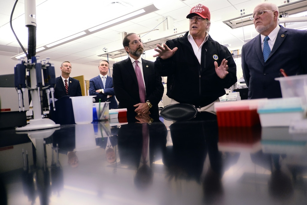 President Donald Trump, accompanied by Health and Human Services Secretary Alex Azar, center left, Centers for Disease Control and Prevention Director Dr. Robert Redfield, right, speaks during a visit to the CDC in Atlanta, Friday, March 6, 2020. "In what The Spectator calls “the Year of the Drunken Uncle,” three old guys vie for the presidency amid coronavirus fears and a careering stock market," writes Maureen Dowd. (T.J. Kirkpatrick/The New York Times)