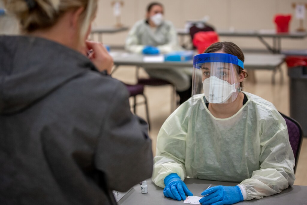 (Photo courtesy of Weber State University) Weber State University begins the first day of wide-scale COVID-19 testing for students and employees at the Ogden campus on Tuesday, November 10, 2020. Weber State had previously offered free testing for anyone with possible coronavirus symptoms. The new process will allow for free rapid testing for thousands of people even if they aren’t showing symptoms.