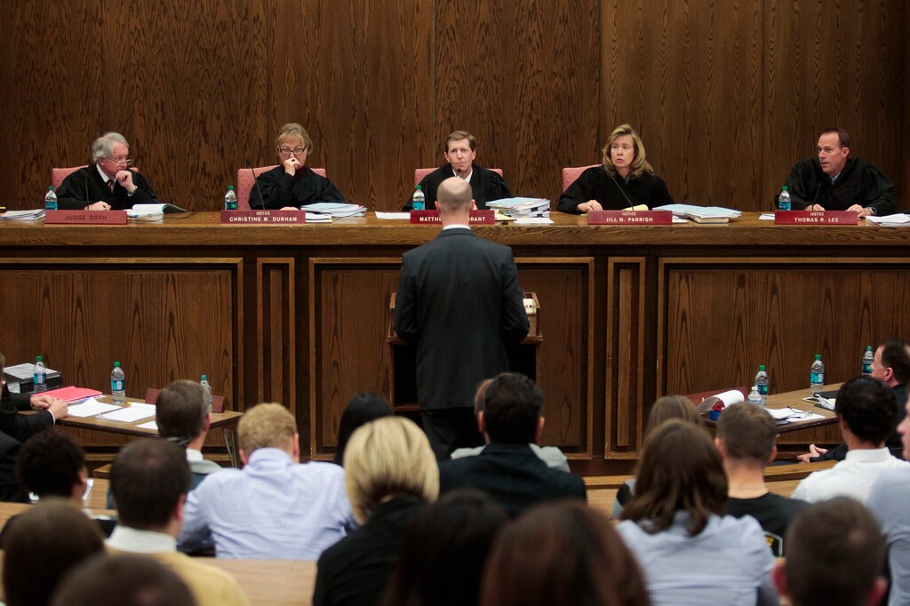 Spencer Heaps  |  Pool Justices listen to Scott Bell, an attorney for the appellant, during oral argument in the Utah Supreme Court case Scott v. Universal Industrial Sales, Inc., et al., at Brigham Young University in Provo on Thursday, Nov. 6, 2014. The court heard two cases in the Moot Court room of the University's law school. 
