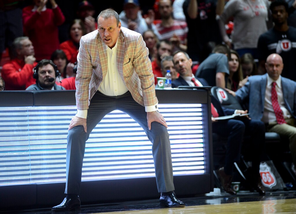 (Steve Griffin  |  The Salt Lake Tribune) Utah head coach Larry Krystkowiak watches the action from the sideline  during the Utah Utes vs Arizona State Sun Devils at the Huntsman Center on the University of Utah campus in Salt Lake City, Sunday, Jan. 7, 2018.