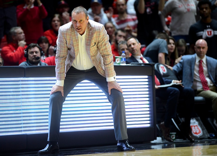 (Steve Griffin  |  The Salt Lake Tribune) Utah head coach Larry Krystkowiak watches the action from the sideline  during the Utah Utes versus Arizona State Sun Devils at the Huntsman Center on the University of Utah campus in Salt Lake City Sunday January 7, 2018.