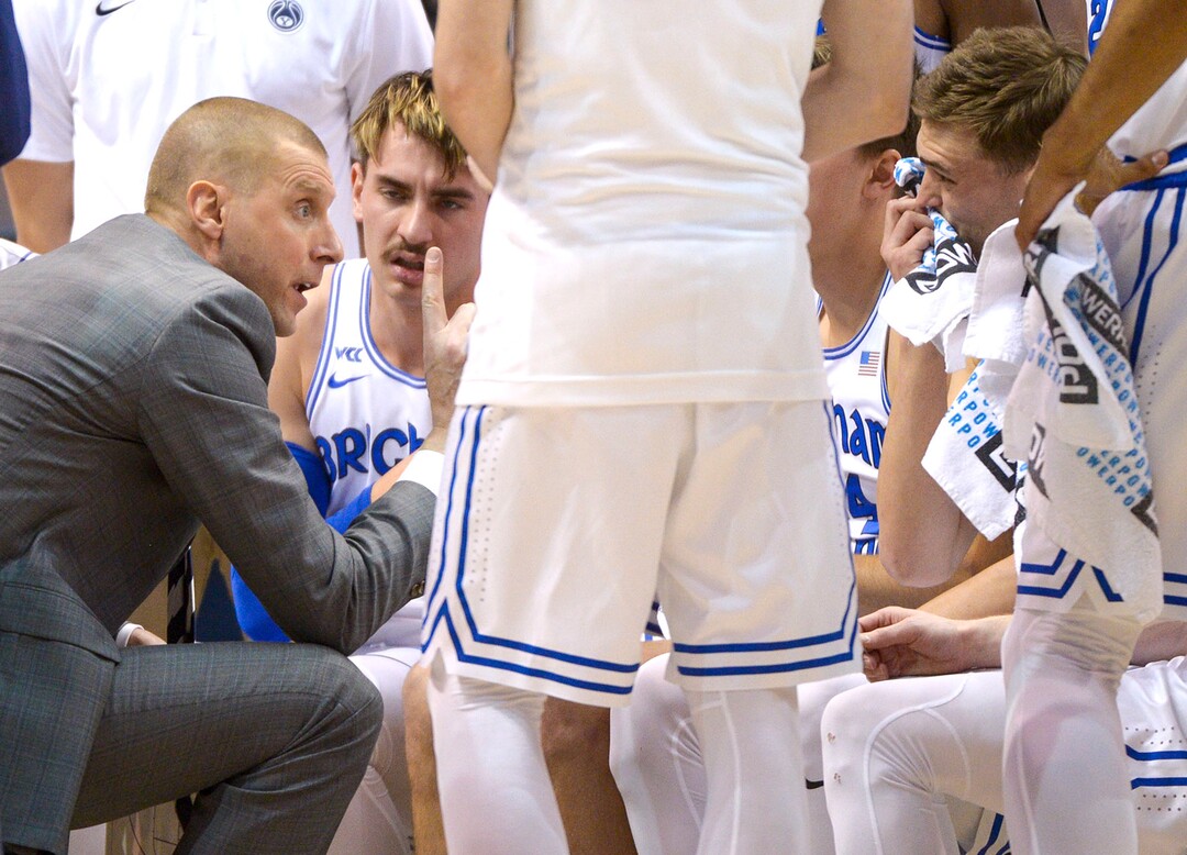 (Leah Hogsten  |  The Salt Lake Tribune) Brigham Young Cougars head coach Mark Pope during a timeout as Brigham Young University hosts Oral Roberts, Dec. 28, 2019 at the Marriott Center in Provo.