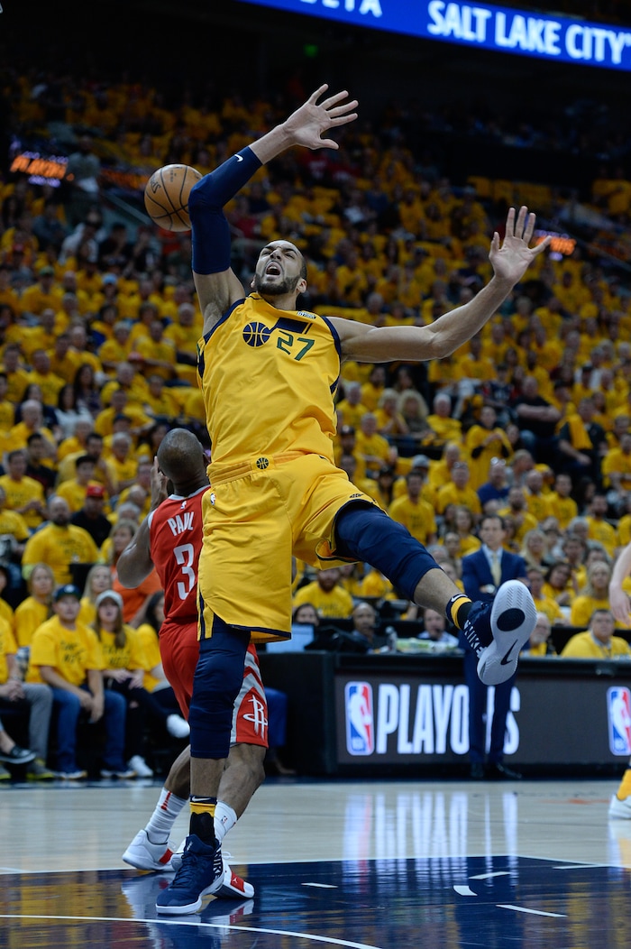 (Francisco Kjolseth | The Salt Lake Tribune) Utah Jazz center Rudy Gobert (27) has his shot blocked by Houston Rockets guard Chris Paul (3) in Game 4 of the NBA playoffs at the Vivint Smart Home Arena Sunday, May 6, 2018 in Salt Lake City.