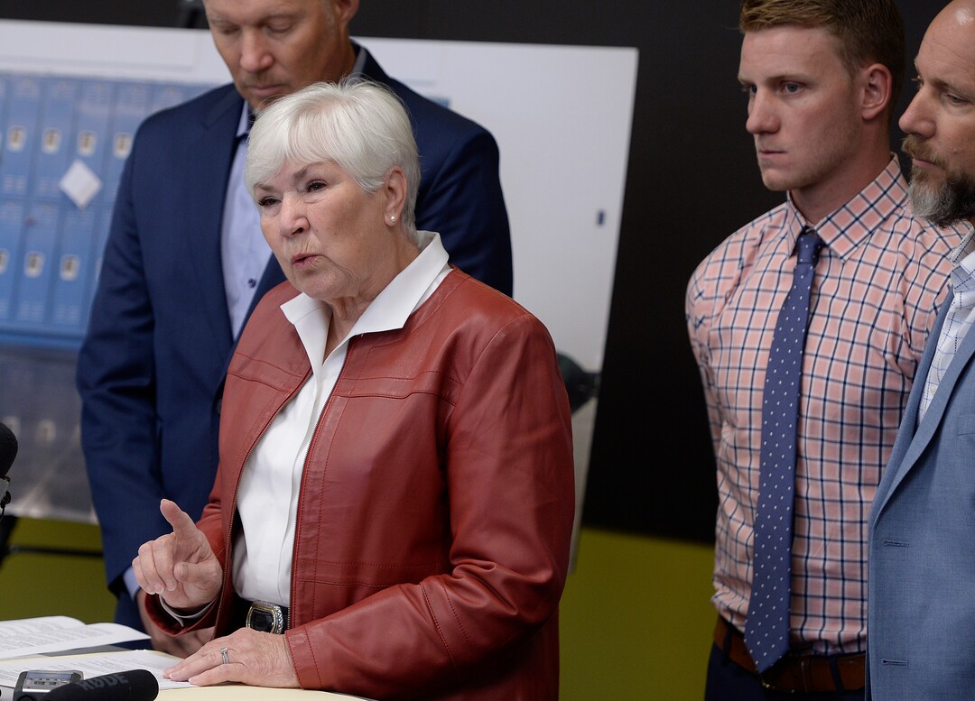 (Scott Sommerdorf   |  The Salt Lake Tribune)   Gail Miller with her family behind her, announced a challenge grant of up to 10 million dollars to fund future homeless programs and services at the VOA, Utah Homeless Youth Resource Center, Thursday, August 17, 2017. 