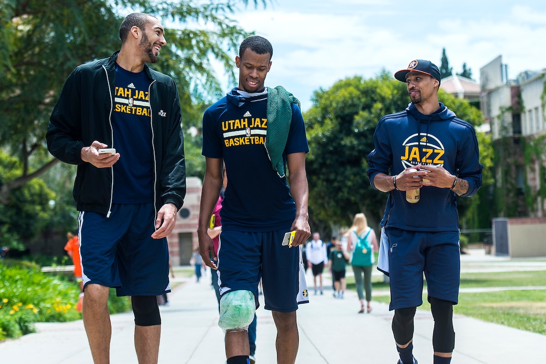 Chris Detrick  |  The Salt Lake TribuneUtah Jazz center Rudy Gobert (27) Utah Jazz guard Rodney Hood (5) and Utah Jazz guard George Hill (3) walk around UCLA after a practice at the Student Activities Center Monday, April 17, 2017.  