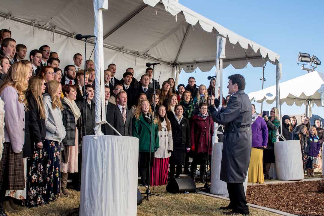 (Courtesy of the LDS Church) It’s a joyous occasion as a choir of Latter-day Saints from within the area of the Cedar City Utah Temple provides sacred music in celebration of the temple’s completion. President Henry B. Eyring, first counselor in the First Presidency of the Church, conducted the traditional cornerstone ceremony and dedicated the temple December 10, 2017.