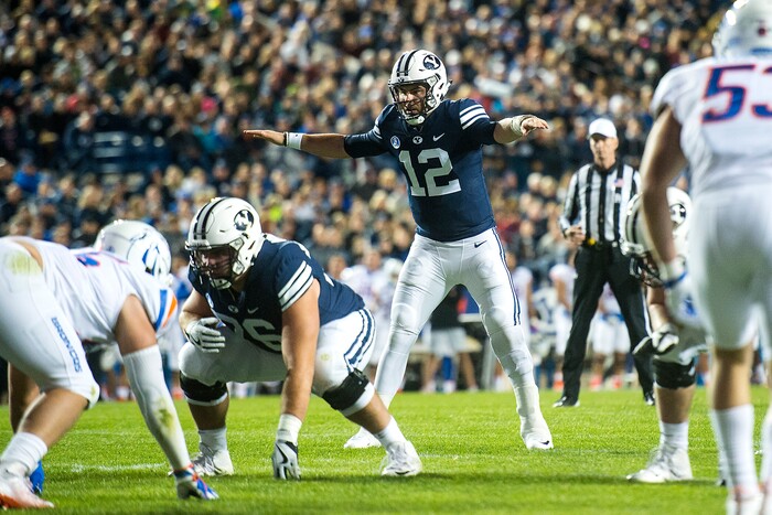(Chris Detrick  |  The Salt Lake Tribune)  Brigham Young Cougars quarterback Tanner Mangum (12) during the game LaVell Edwards Stadium Friday, October 6, 2017. 