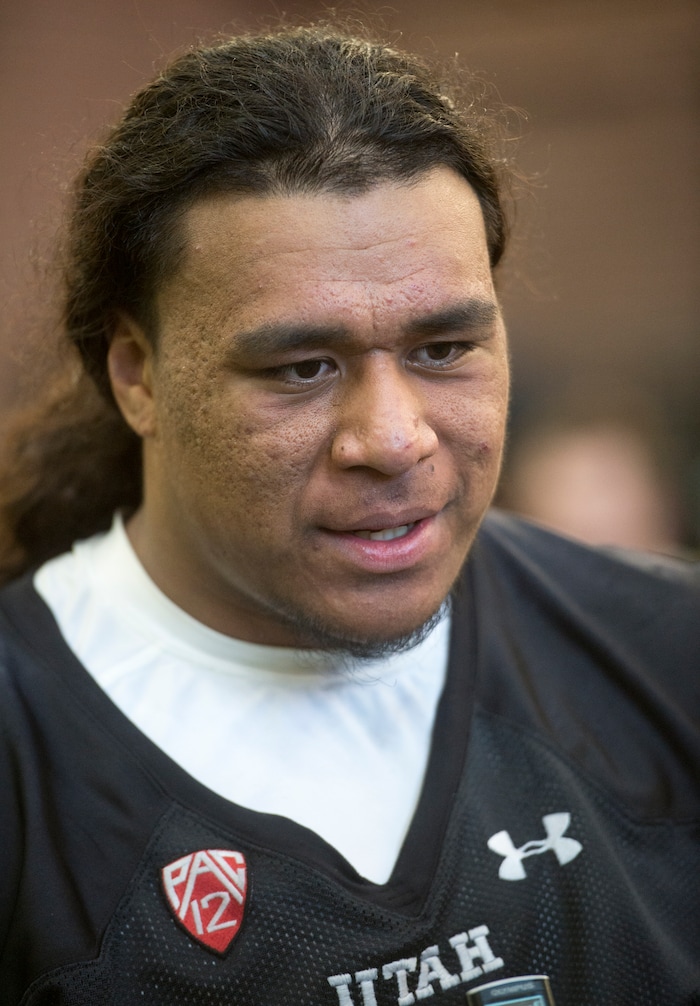 (Rick Egan  |  The Salt Lake Tribune)    Utah defensive lineman Leki Fotu (99), talks with the media, on the first day of Spring practice, Monday, March 5, 2018.


