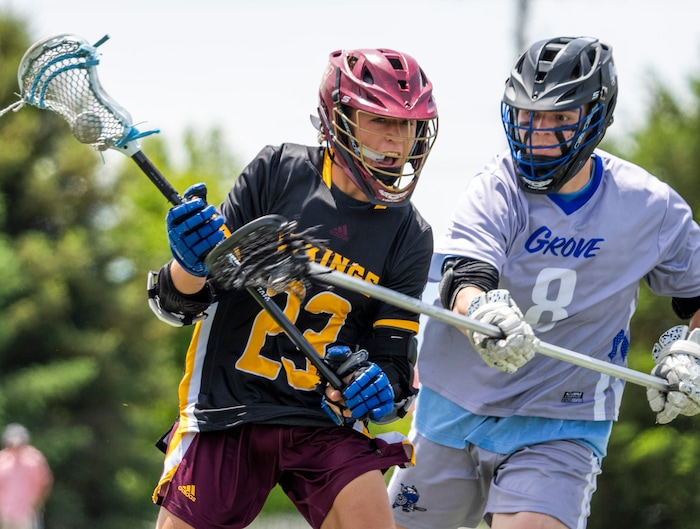 (Rick Egan | The Salt Lake Tribune) Abe Salmon (23), Viewmont, runs with the ball, as Pleasant Grove defender Issac Anderson (8) defends, in the Division C championship game between the Viewmont Vikings and the Pleasant Grove Vikings, in Layton, on Saturday, May 29, 2021.