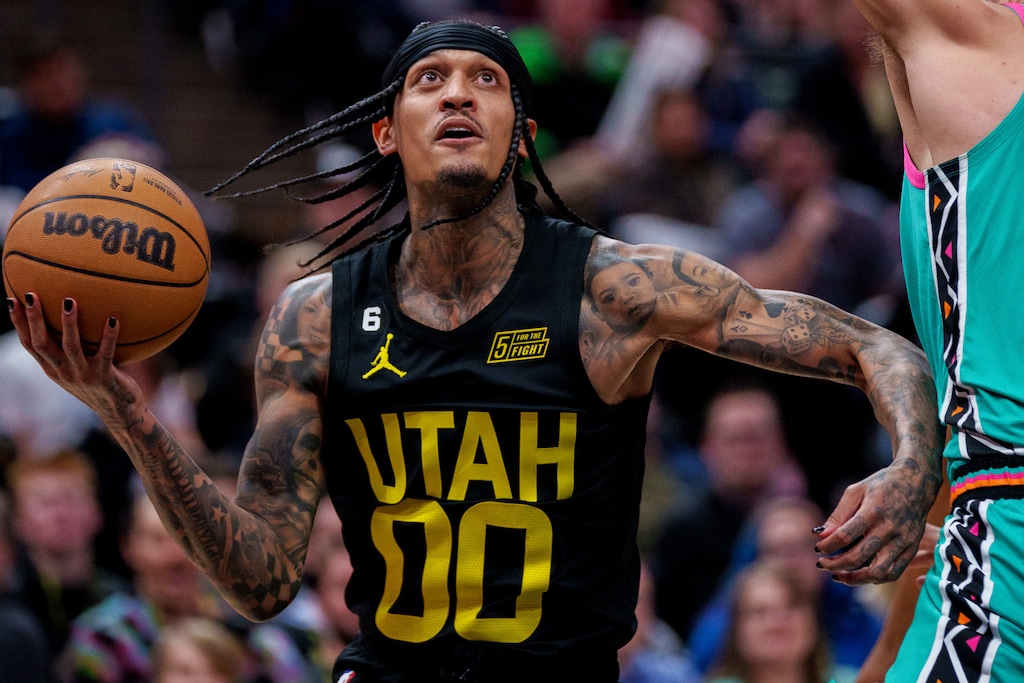 (Trent Nelson  |  The Salt Lake Tribune) Utah Jazz guard Jordan Clarkson (00) as the Utah Jazz host the San Antonio Spurs, NBA basketball in Salt Lake City on Saturday, Feb. 25, 2023.