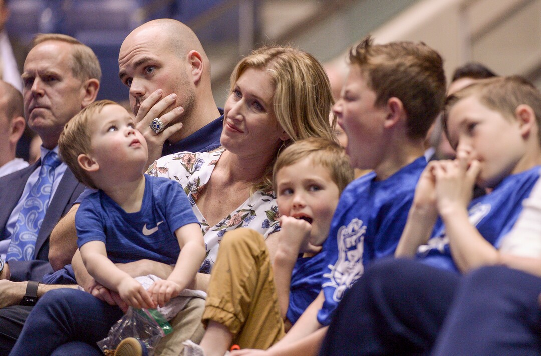 Leah Hogsten  |  The Salt Lake Tribune  Garrett Rose and his family listen as his father gives remarks on his retirement. BYU head basketball coach Dave Rose  announced on Tuesday that he was retiring after a 14-year career in which he became BYUÕs all-time winningest menÕs basketball coach.