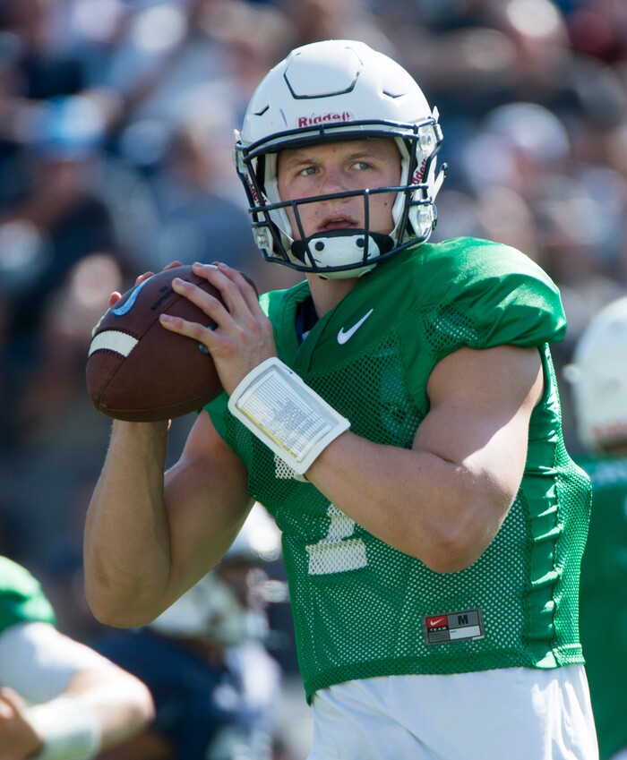 (Rick Egan  |  The Salt Lake Tribune)  BYU quarter back, Beau Hoge (7) runs the offense during  a BYU public scrimmage at Lavell Edwards Stadium, Thursday, August 17, 2017.