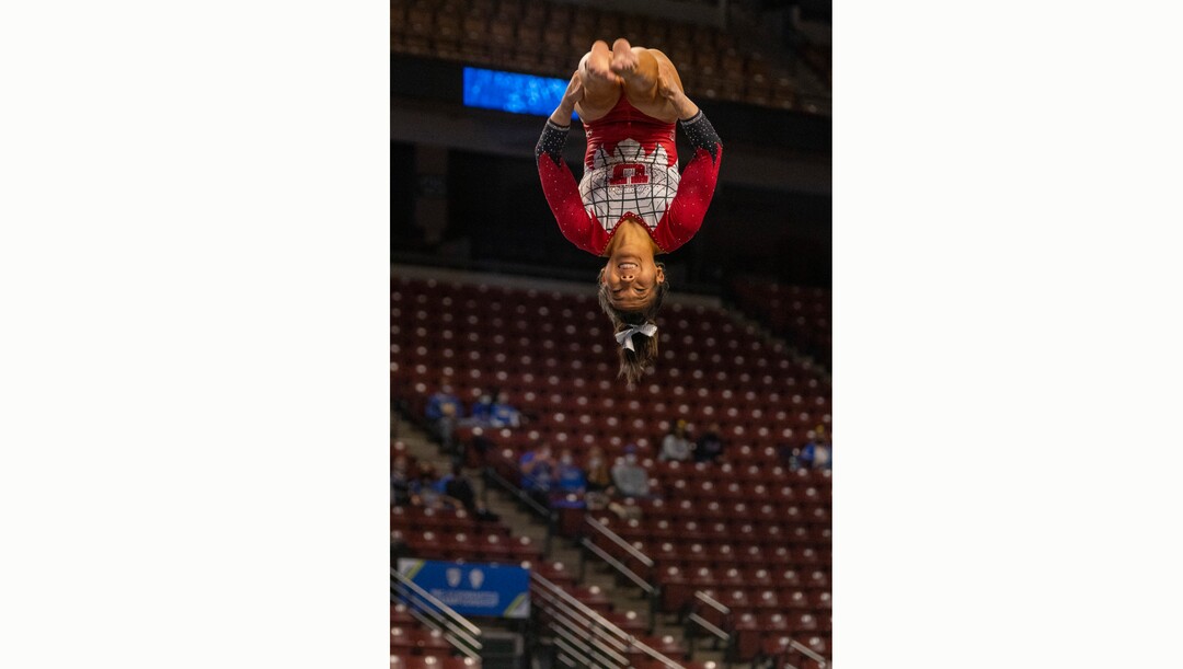 (Rick Egan | The Salt Lake Tribune) Crystal Isa competes on the floor for Utah in the PAC-12 Gymnastics Championship tournament at the Maverik Center, on Saturday, March 20, 2021.