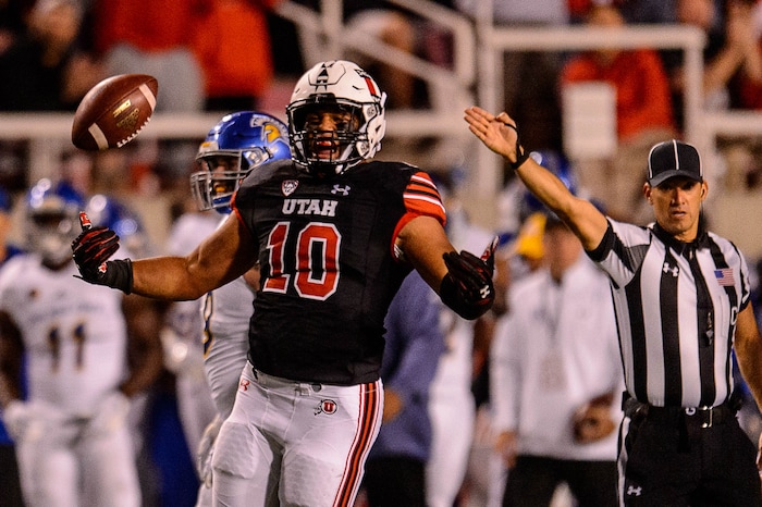 (Trent Nelson | The Salt Lake Tribune) Utah Utes linebacker Sunia Tauteoli (10) celebrates a turnover as the Utah Utes host the San Jose State Spartans, NCAA football at Rice-Eccles Stadium in Salt Lake City, Saturday September 16, 2017.
