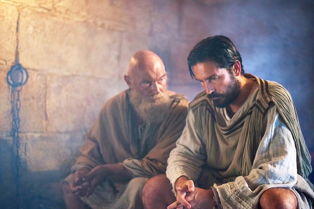 (Mark Cassar | Columbia Pictures) James Faulkner, left, and Jim Caviezel in "Paul, Apostle of Christ."