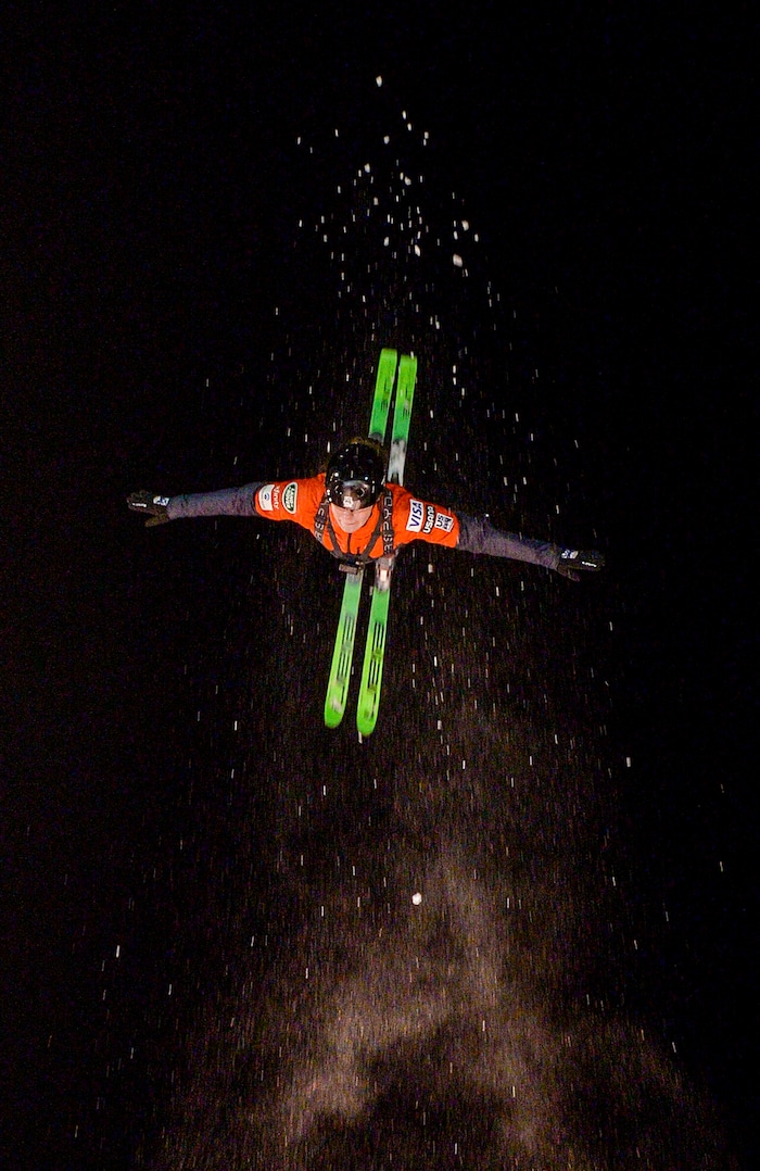 (Leah Hogsten  |  The Salt Lake Tribune) U.S. Freestyle Ski Team member Kaila Kuhn performs her aerial routine during practice Jan. 7, 2020 at the Utah Olympic Park.