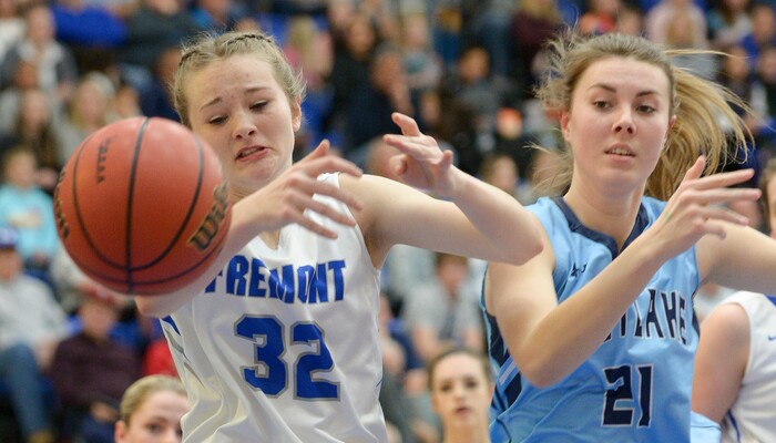 (Leah Hogsten  |  The Salt Lake Tribune)  Fremont's Haylee Doxey (32) can't pull in the pass. Fremont faces Westlake in their semifinal game of the 6A High School Girls' Basketball Tournament at SLCC in Taylorsville, Friday, Feb. 23, 2018. 