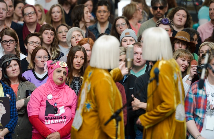 (Leah Hogsten | The Salt Lake Tribune) Lead singers with Lucius, l-r Holly Laessig and Jess Wolfe inspired the crowd at Amplifying WomenÕs Voices rally to celebrate International WomenÕs Day at the Utah State Capitol Rotunda, hosted by KRCL Thursday, March 8, 2018.