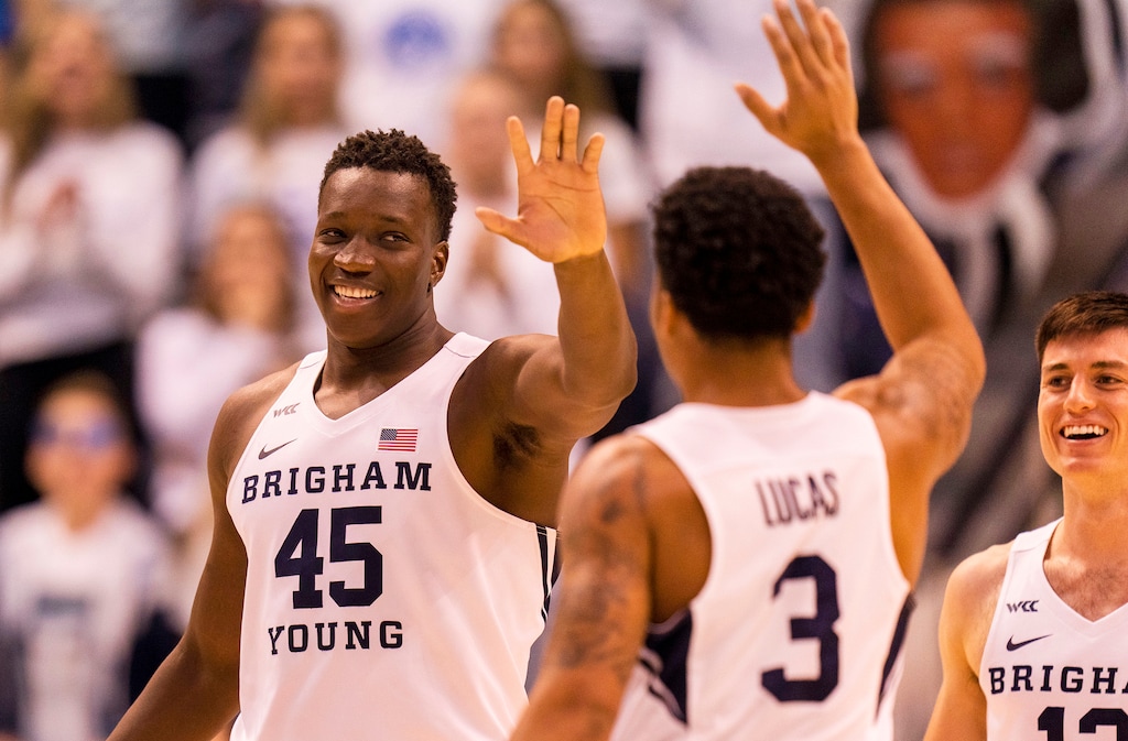 (Rick Egan | The Salt Lake Tribune) Brigham Young guard Te'Jon Lucas (3) congratulates Brigham Young forward Fousseyni Traore (45),   after hitting making a big shot for the Cougars in basketball action between the Brigham Young Cougars and the Texas Southern Tigers at the Marriott Center, in Provo, Wednesday, Nov. 24, 2021.