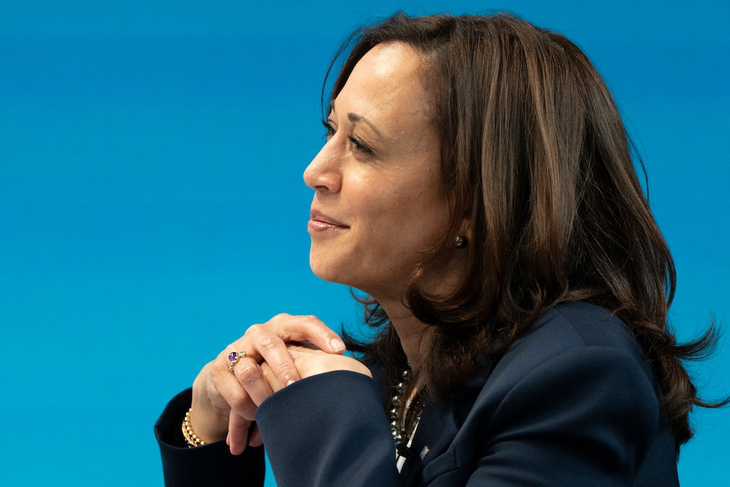 (Jacquelyn Martin | AP Photo) Vice President Kamala Harris at a virtual roundtable to discuss the American Rescue Plan, Friday, Feb. 5, 2021.