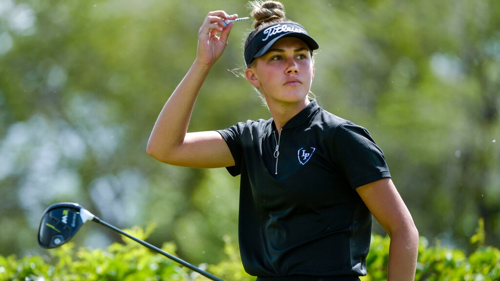 (Leah Hogsten  |  The Salt Lake Tribune) Berlin Long from Lone Peak High School during the 6A girls unsanctioned Spring Individual Championships at Fox Hollow Golf Course, May 27, 2020.