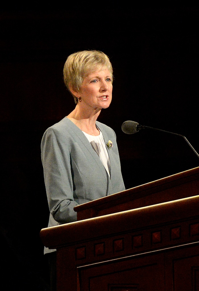 (Al Hartmann  |  The Salt Lake Tribune) 	
Jean B. Bingham, Relief Society general president, speaks at General Conference on Sunday, Oct. 1 2017.