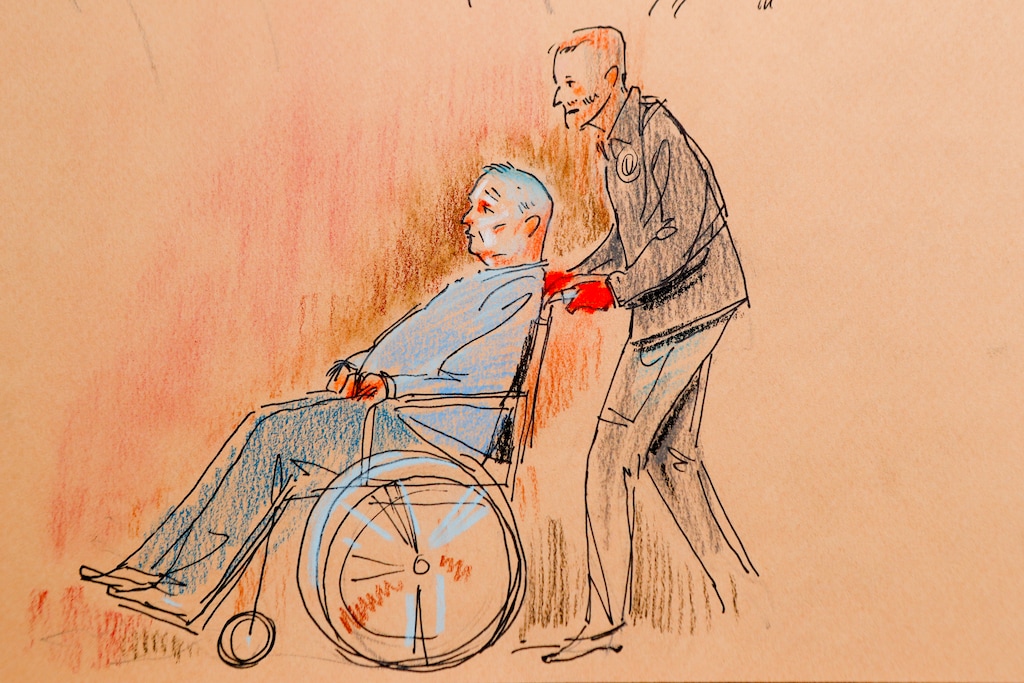 (Dave Klug | The Associated Press) This courtroom sketch depicts Robert Gregory Bowers, who was wounded in a gun battle with police as he appeared in a wheelchair at federal court on Monday, Oct. 29, 2018, in Pittsburgh. Bowers, accused in the Pittsburgh synagogue massacre, appeared briefly in federal court in a wheelchair and handcuffs Monday to face charges he killed 11 people.