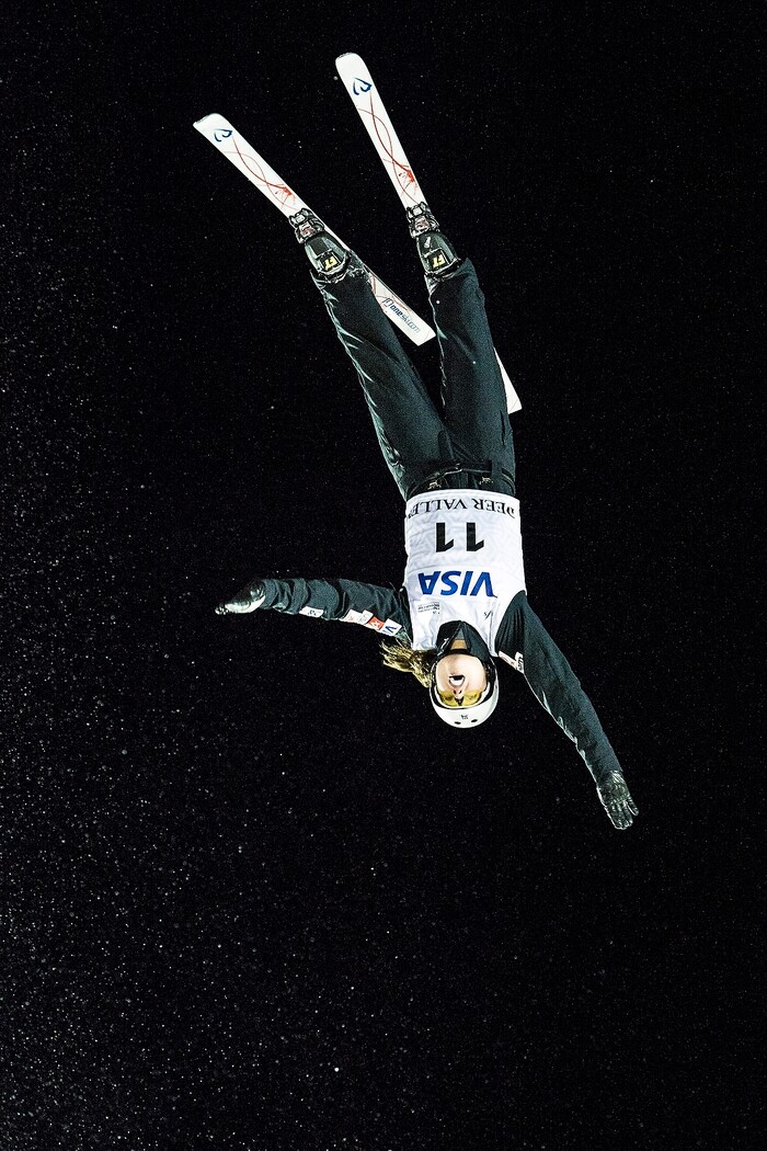 (Chris Detrick  |  The Salt Lake Tribune)  USA's Ashley Caldwell (11) competes in the Ladies' Aerial Finals during the FIS Visa Freestyle International Ski World Cup at Deer Valley Resort Friday, January 12, 2018.  Caldwell finished in seventh place. 