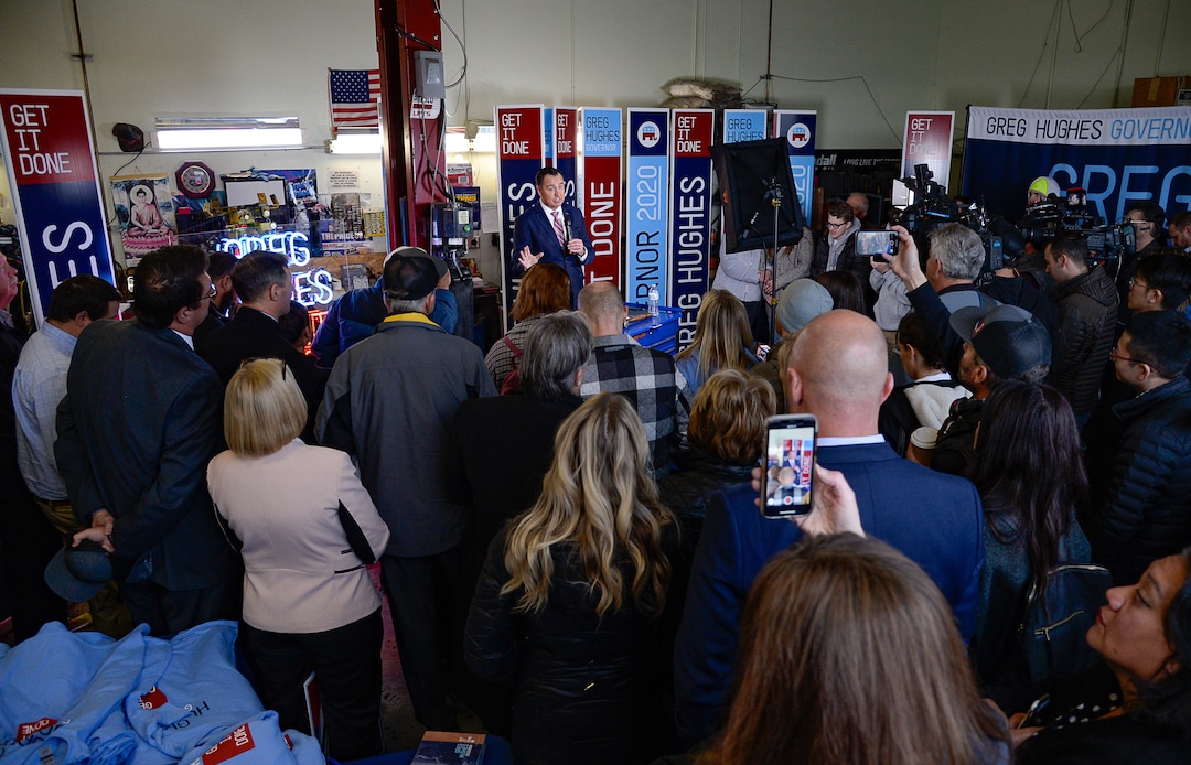 (Francisco Kjolseth  |  The Salt Lake Tribune) Surrounded by friends, family and supporters, former Speaker of the House Greg Hughes announces his campaign for governor at Dee's Automotive in Murray on Wednesday, Jan. 8, 2020.