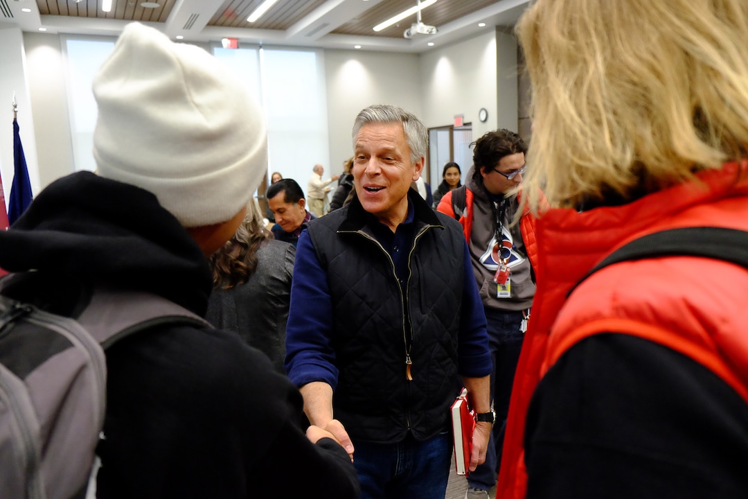 (Francisco Kjolseth  |  The Salt Lake Tribune)  Former Utah Governor and Ambassador Jon Huntsman greets students following a conversation at the Hinckley Institute of Politics on the University of Utah campus on Thursday, Dec. 5, 2019, to discuss his long career in public service spanning from Utah’s Governor’s Mansion to Chinese and Russian ambassadorships and examine the increasing significance Utah plays in our globalized world.