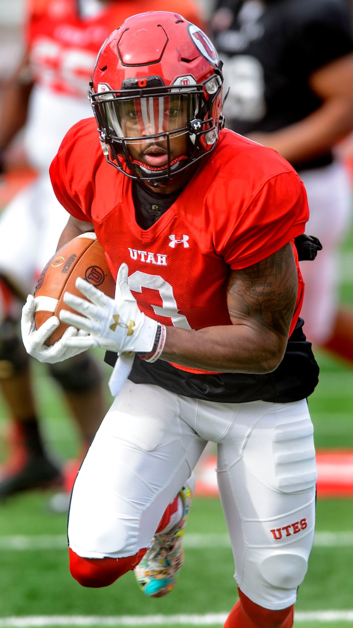 (Steve Griffin  |  The Salt Lake Tribune) Utah wide receiver Damari Simpkins heads up field after making a catch during the University of Utah football team's first scrimmage at Rice-Eccles Stadium in Salt Lake City Friday March 30, 2018.