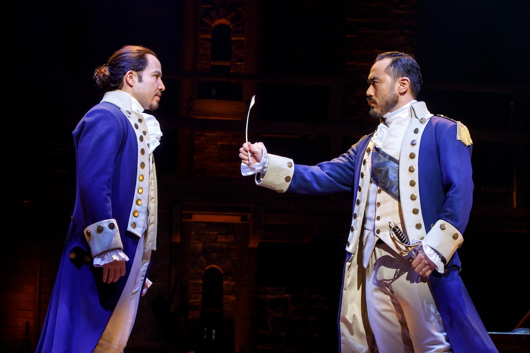 (Courtesy photograph by Joan Marcus) Joseph Morales as Alexander Hamilton and Marcus Choi as George Washington in the national tour, which will play Salt Lake City April 11 through May 6.