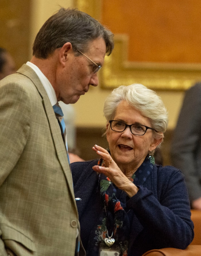 (Rick Egan  |  The Salt Lake Tribune)  Rep. Bradley Last listens to Rep. Carol Spackman Moss, during a break, late in the evening, on the final day of the 2019 legislature, Thursday, March 14, 2019. 

