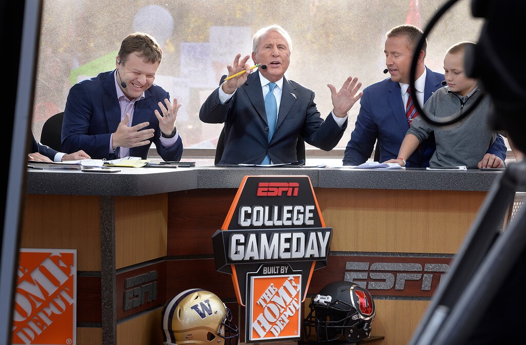 Scott Sommerdorf | The Salt Lake Tribune
ESPN college football commentator Lee Corso, does his thing as he talks abut the Washington / Utah matchup on the set of College Gameday at President's Circle on the University of Utah campus, Saturday, October 29, 2016. At left is Frank Caliendo, and at right is Kirk Herbstreit.