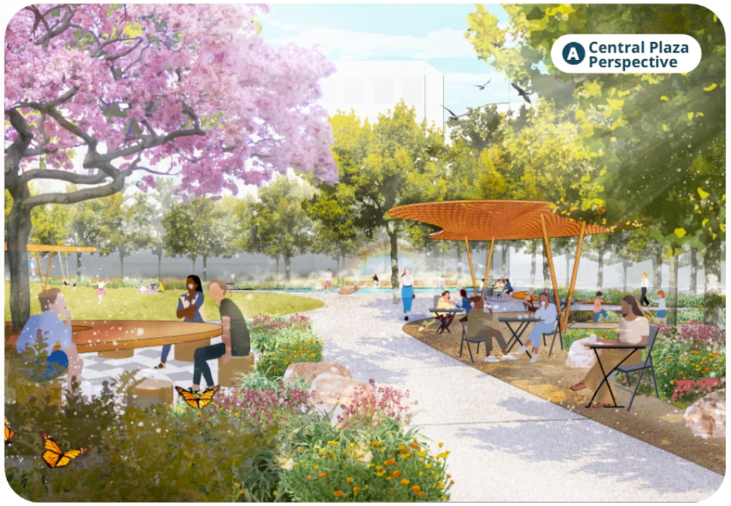 (Sasaki via Salt Lake City) Salt Lake City's latest designs for a park at the Fleet Block include an amphitheater, community gathering spots, play areas, 150 new trees and several structures for shade, as well as public artwork honoring the site's social justice themes and history.