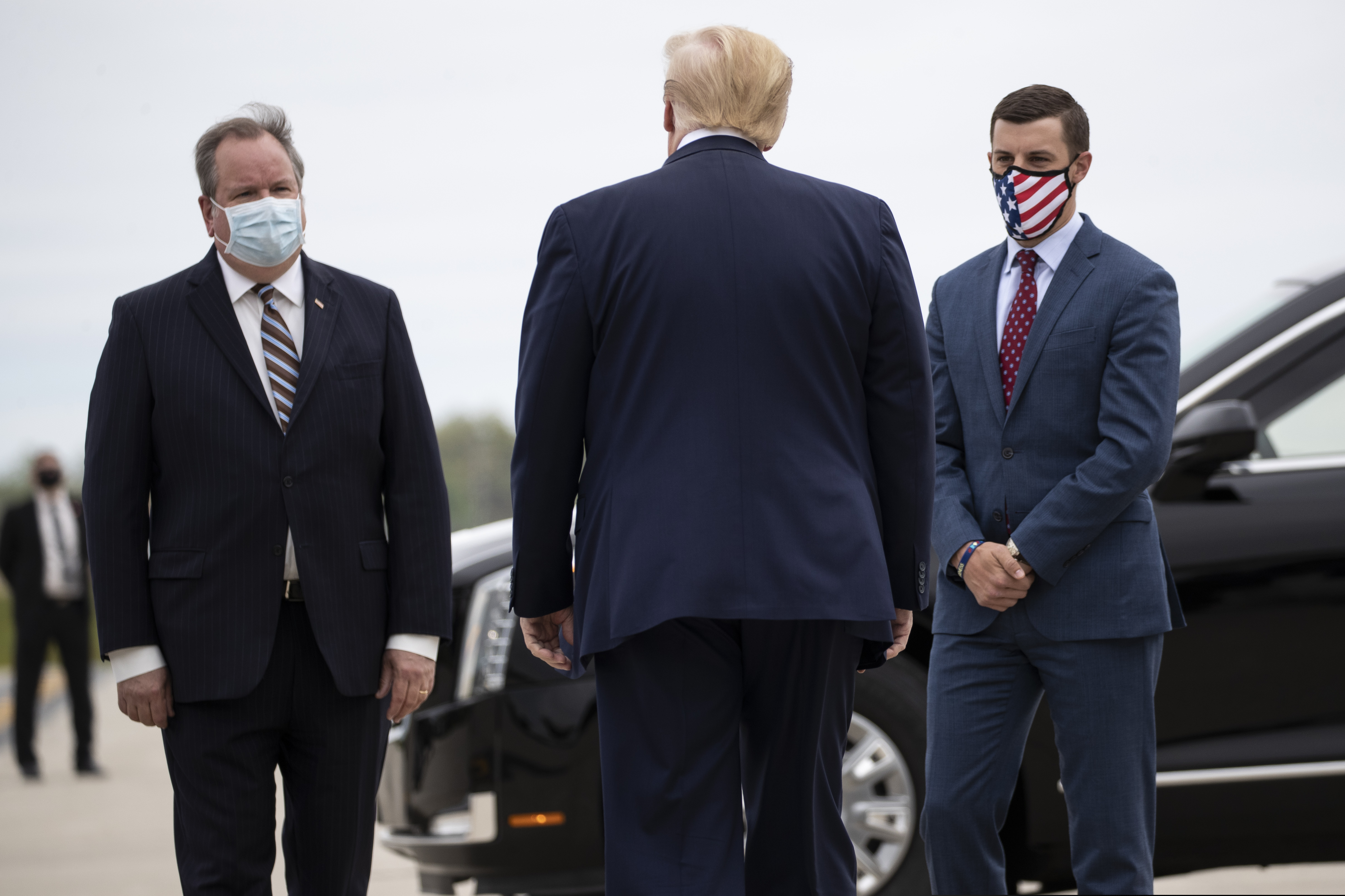 (Alex Brandon | AP photo)
In this May 21 photo, President Donald Trump is greeted by Kurt Heise, left, Supervisor of Plymouth Township, Mich., and Speaker Lee Chatfield, of the Michigan House of Representatives after stepping off Air Force One as he arrives at Detroit Metro Airport in Detroit. President Donald Trump summoned Michigan's Republican legislative leaders Chatfield and Senate Majority Leader Mike Shirkey, to the White House for a meeting Friday, amid a GOP push to overturn the certification of Democrat Joe Biden's victory in the battleground state.