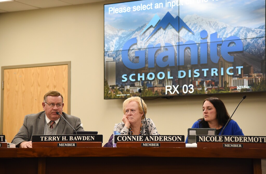 (Francisco Kjolseth  |  The Salt Lake Tribune)  Granite School District board of education member Terry Bawden makes a motion to close Oquirrh Hills Elementary in Kearns due to poor performance since 2015, as the education board holds a public hearing on Tuesday, Jan. 8, 2019, at the Granite Education Center in Salt Lake City.