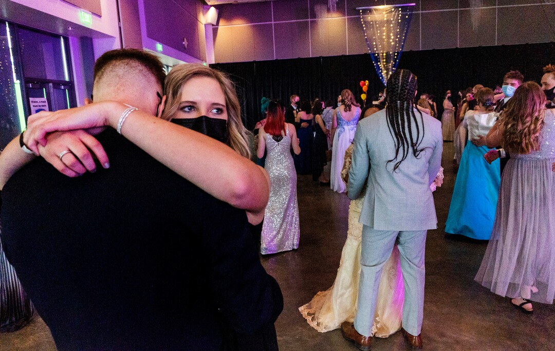 (Rick Egan | The Salt Lake Tribune)Cyprus students hold each other close during one of the few slow songs played at the Cyprus High school Prom, at the Viridian Event Center, on Saturday, April 24, 2021.