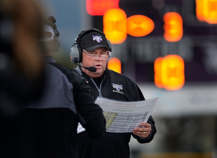(Scott Sommerdorf   |  The Salt Lake Tribune)   Lehi head coach Ed Larson during first half play. Lehi led Olympus 26-0 late in the second half, Friday, September 22, 2017.